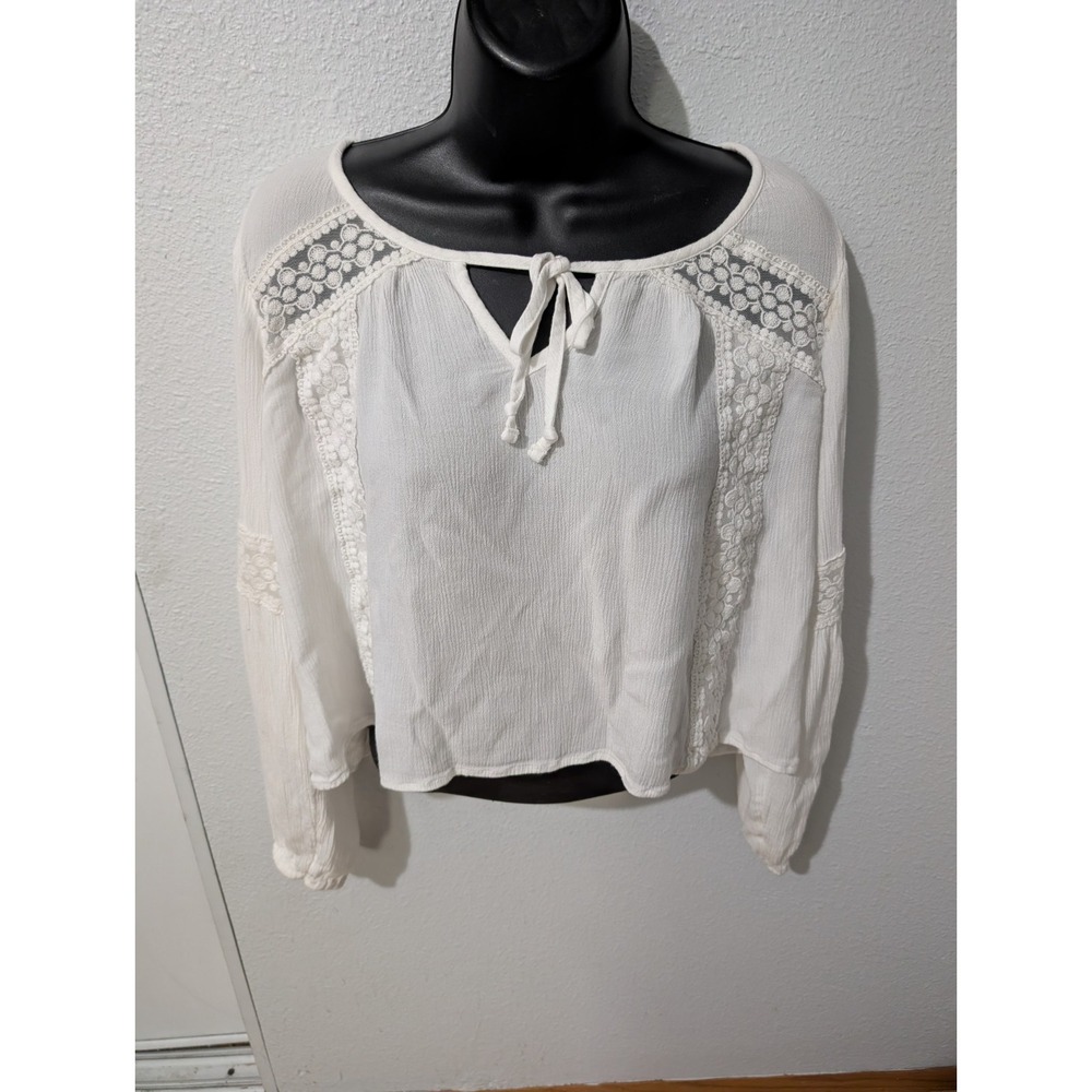 Hollister Boho Lace Peasant Blouse Women S Cream Long Sleeve Tie Neck Cottagecor